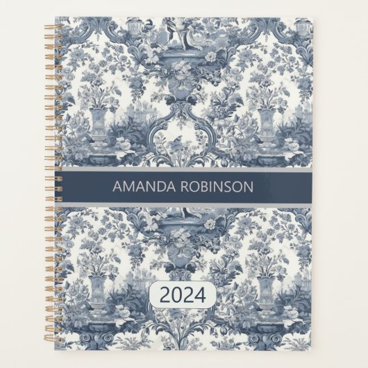 Elegant  Blauw toile de jouy monogram Planner (Voorkant)