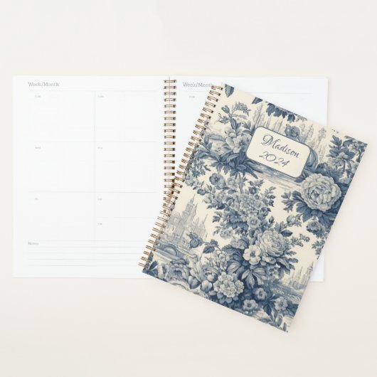 Elegant Blauw toile de jouy monogram Planner (Display)