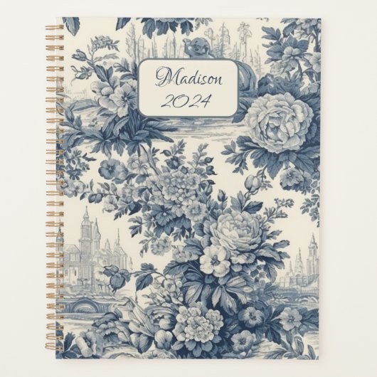 Elegant Blauw toile de jouy monogram Planner (Voorkant)