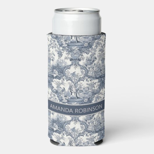 Elegant Blauw toile de jouy monogram Seltzer Blikjeskoeler (Seltzer Achterkant)