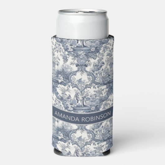 Elegant Blauw toile de jouy monogram Seltzer Blikjeskoeler (Seltzer Voorkant)