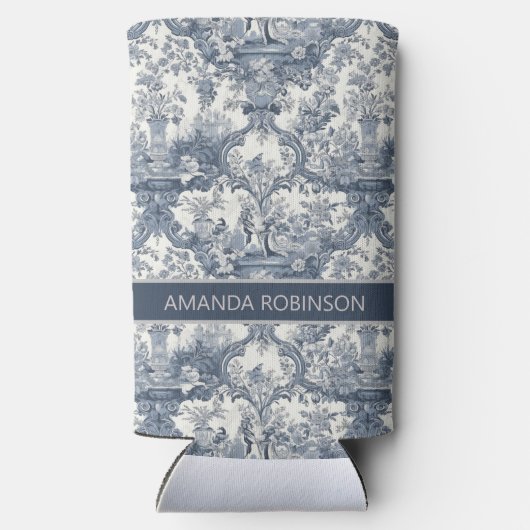 Elegant Blauw toile de jouy monogram Seltzer Blikjeskoeler (Achterkant)