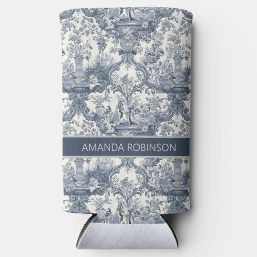 Elegant  Blauw toile de jouy monogram Seltzer Blikjeskoeler (Voorkant)