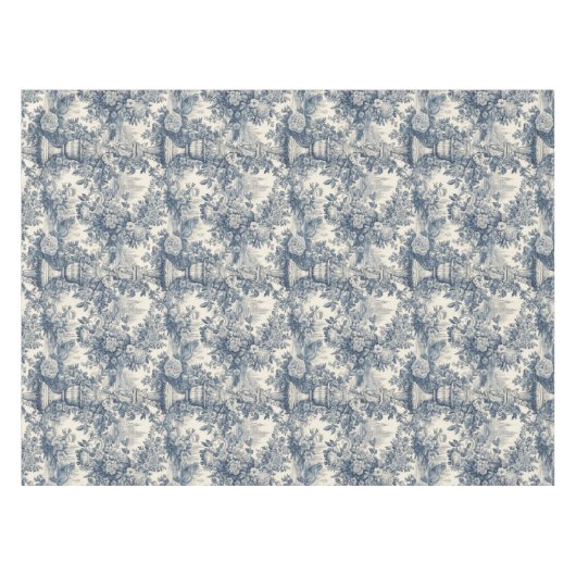 Elegant  Blauw toile de jouy monogram Tafelkleed (Voorkant (Horizontaal))