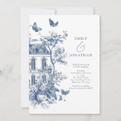 Elegant Blauw Toile De Jouy QR Code Bruiloft Kaart (Voorkant)
