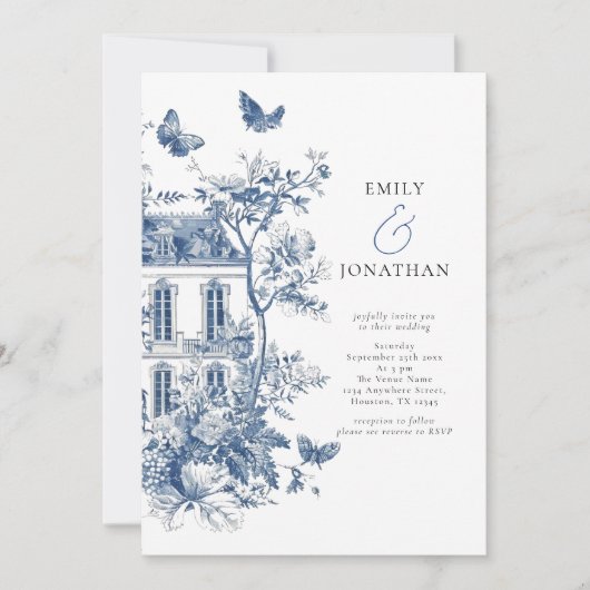 Elegant Blauw Toile De Jouy QR Code Bruiloft Kaart (Voorkant)