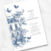 Elegant Blauw Toile De Jouy QR Code Bruiloft Kaart