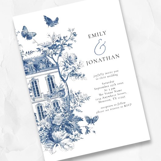 Elegant Blauw Toile De Jouy QR Code Bruiloft Kaart