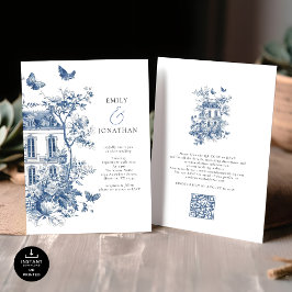 Elegant Blauw Toile De Jouy QR Code Bruiloft Kaart