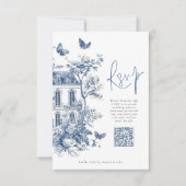 Elegant Blauw Toile De Jouy QR Code Bruiloft RSVP Kaartje (Voorkant)