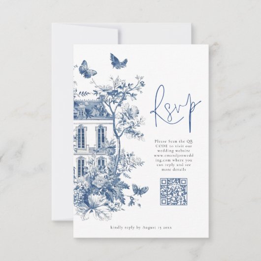 Elegant Blauw Toile De Jouy QR Code Bruiloft RSVP Kaartje (Voorkant)