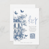 Elegant Blauw Toile De Jouy QR Code Bruiloft RSVP Kaartje (Voorkant / Achterkant)