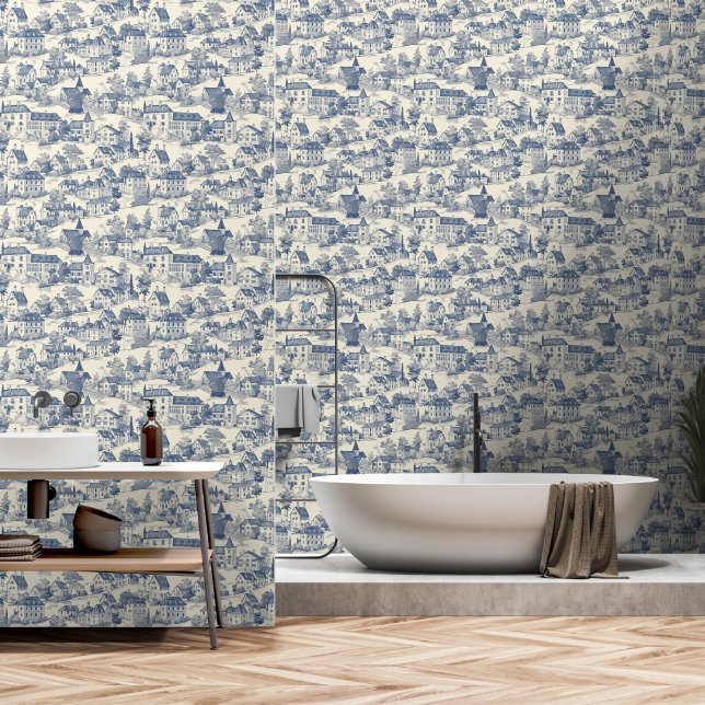Elegant Blauw Toile de Jouy Village Peel & Stick Behang (Badkamer)