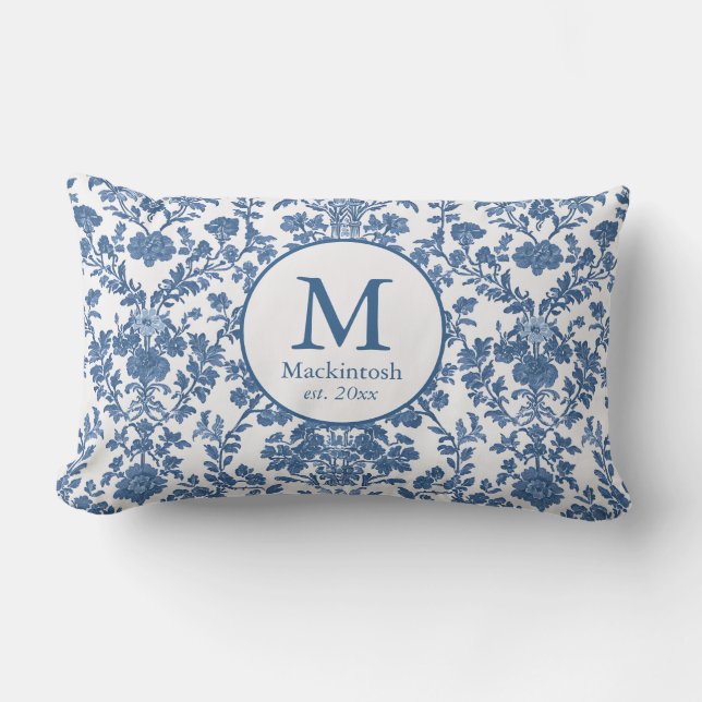 Elegant Blauw Toile Monogram Lumbar Kussen (Voorkant)
