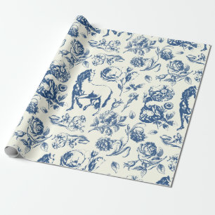 Elegant  Blauw Toile Paard Bloemenpatroon Cadeaupapier