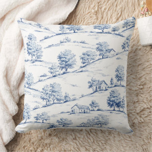 Elegant Blauw Toile Vintage Franse Pastorale Scène Kussen
