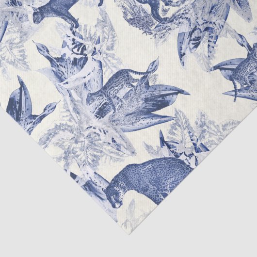 Elegant Blauw Toile Wild Cats Oerwoud Tissuepapier (Detail)
