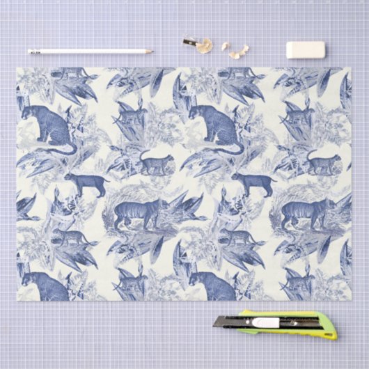 Elegant Blauw Toile Wild Cats Oerwoud Tissuepapier (Craft)