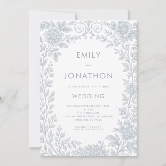 Elegant blauw toilet de Jouy grens QR code bruilof Kaart (Voorkant)