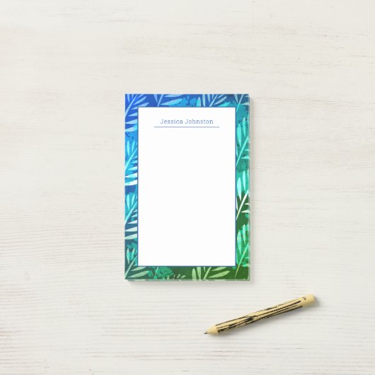 Elegant blauw tropisch blad persoonlijke touch post-it® notes (Op bureau)