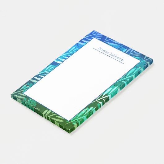 Elegant blauw tropisch blad persoonlijke touch post-it® notes (Schuin)