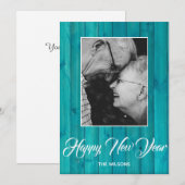 Elegant blauw turquoise houten aangepaste foto feestdagenkaart (Voorkant / Achterkant)