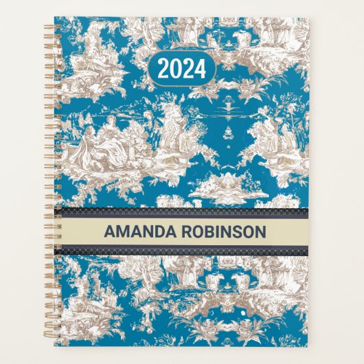Elegant  blauw turquoise meer toile de jouy planner (Voorkant)