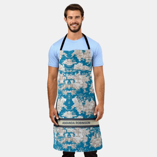 Elegant  blauw turquoise meer toile de jouy schort (Gedragen)