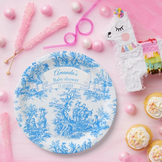 Elegant blauw turquoise toile de jouy papieren bordje (Feest)