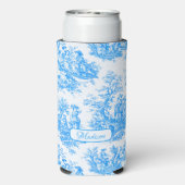 Elegant  blauw turquoise toile de jouy seltzer blikjeskoeler (Seltzer Achterkant)