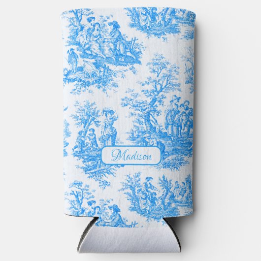 Elegant  blauw turquoise toile de jouy seltzer blikjeskoeler (Voorkant)