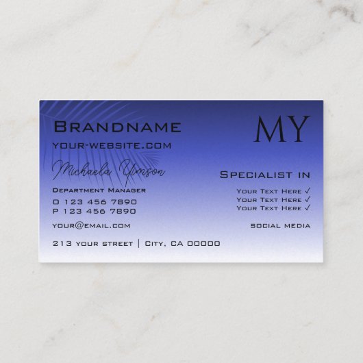 Elegant blauw verloop en palmblad met monogram visitekaartje (Achterkant)