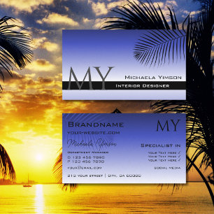 Elegant blauw verloop en palmblad met monogram visitekaartje