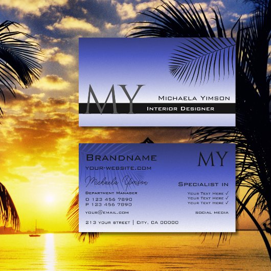 Elegant blauw verloop en palmblad met monogram visitekaartje