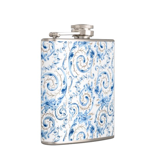 Elegant blauw Victoriaans Roos en scrollen Heupfles (Rechts)