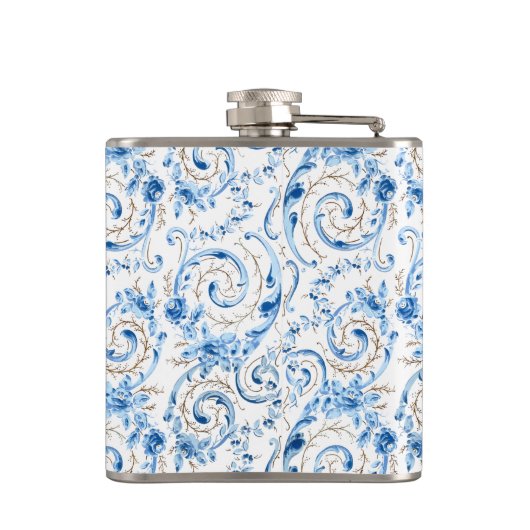 Elegant blauw Victoriaans Roos en scrollen Heupfles (Achterkant)