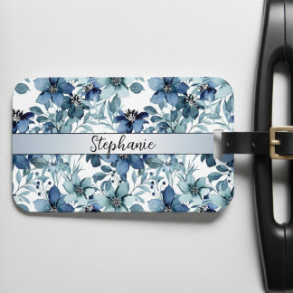 Elegant Blauw Vintage Chintz Patroon Monogram Bagagelabel
