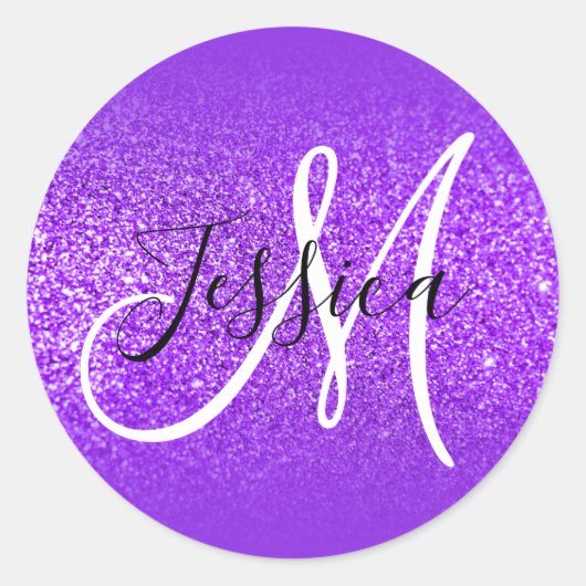 Elegant blauw violet ombre glitter monogram ronde sticker (Voorkant)