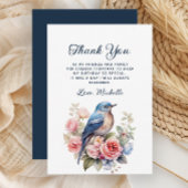 Elegant Blauw Vogel Roze Bloemen Verjaardag Dank u Bedankkaart