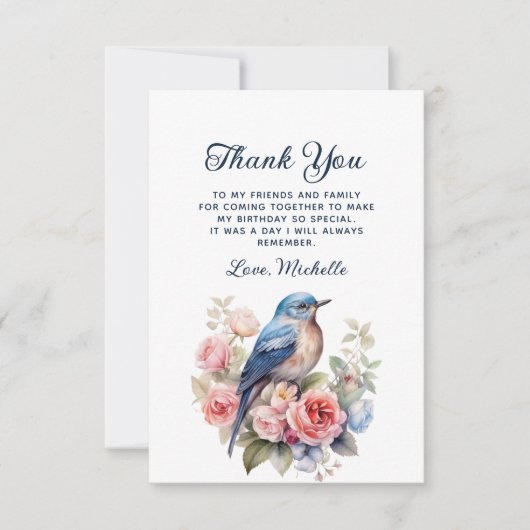 Elegant Blauw Vogel Roze Bloemen Verjaardag Dank u Bedankkaart (Voorkant)