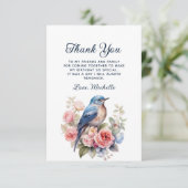 Elegant Blauw Vogel Roze Bloemen Verjaardag Dank u Bedankkaart (Staand voorkant)