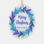 Elegant Blauw Vrolijk Kerstkrans Keramisch Ornament (Rechts)