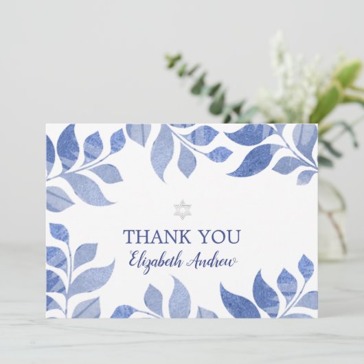 Elegant Blauw Waterverf Blauw Blauw Blauw Bladblad Bedankkaart (Staand voorkant)