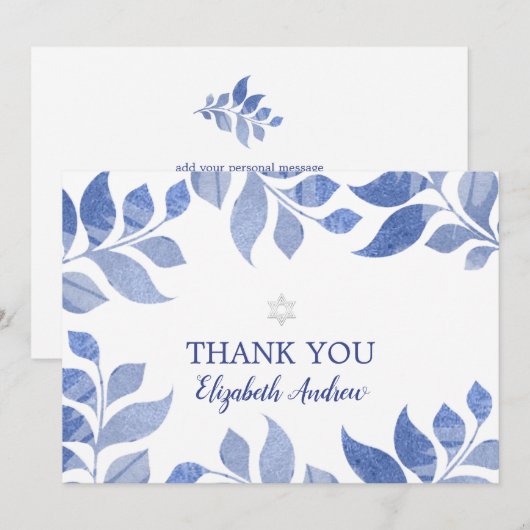 Elegant Blauw Waterverf Blauw Blauw Blauw Bladblad Bedankkaart (Voorkant / Achterkant)