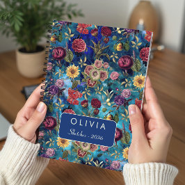 Elegant Blauw Waterverf Bloem Monogram Notitieboek