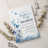 Elegant Blauw Waterverf Bloemen Moederdag Brunch Kaart