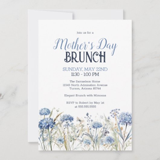 Elegant Blauw Waterverf Bloemen Moederdag Brunch Kaart (Voorkant)