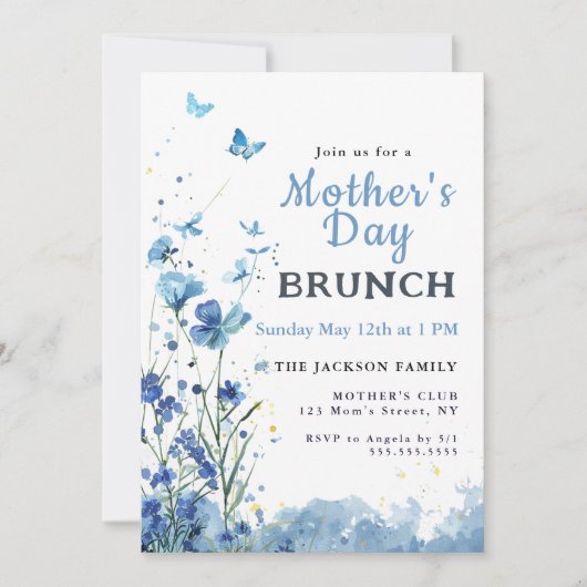 Elegant Blauw Waterverf Bloemen Moederdag Brunch Kaart (Voorkant)