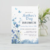 Elegant Blauw Waterverf Bloemen Moederdag Brunch Kaart (Staand voorkant)