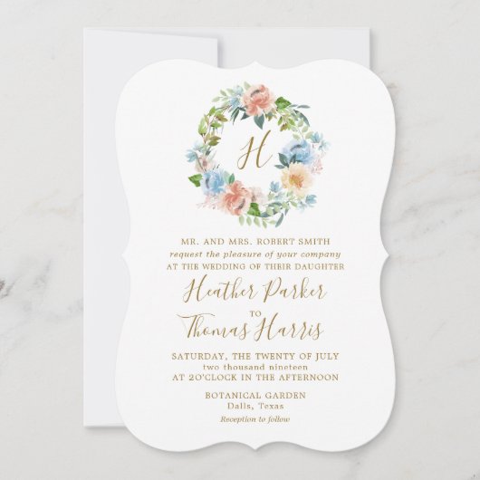 Elegant Blauw Waterverf Bloemen Monogram Bruiloft Kaart